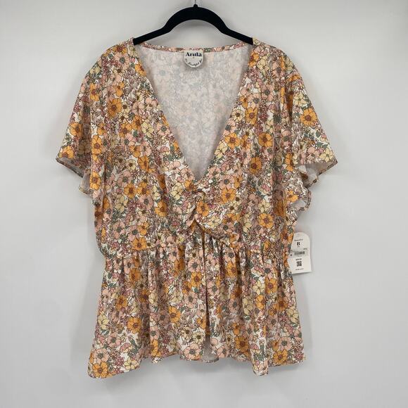 Arula Women's Ivory Yellow Peach Floral V Neckline Peplum Blouse Size 2X - Picture 2 of 8